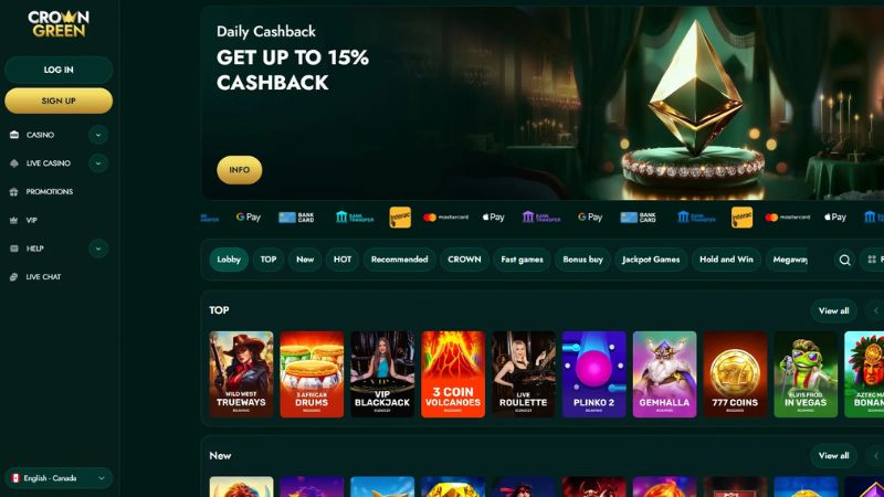 Crowngreen Casino cashback dashboard